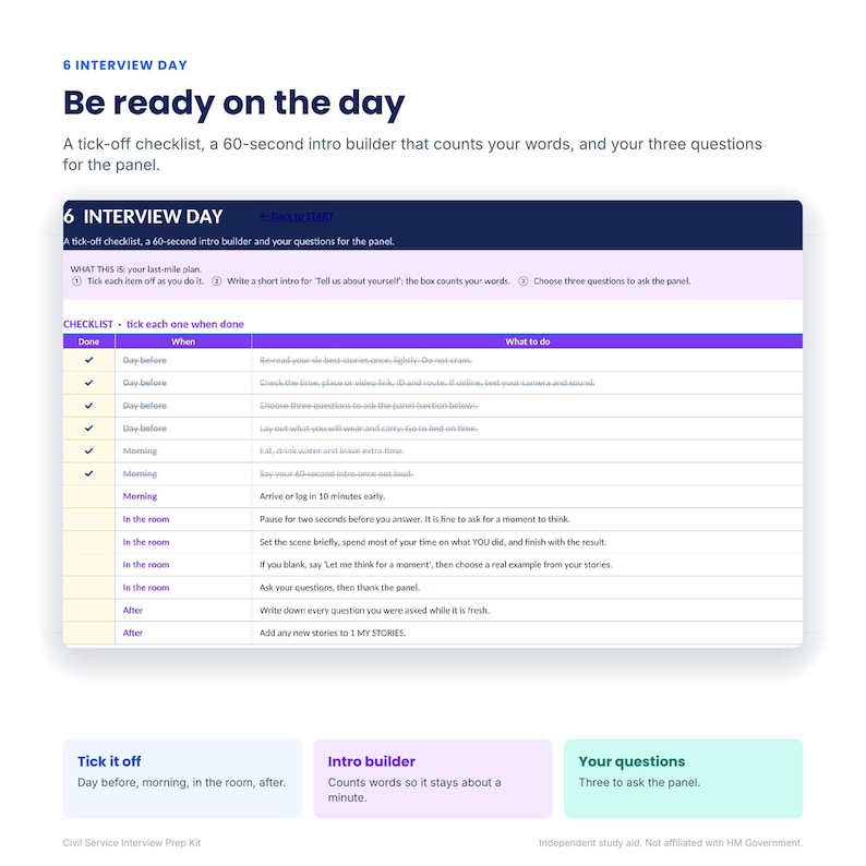 May include: A digital interview preparation document titled 6 INTERVIEW DAY. It features a checklist with columns for timing and tasks, including sections for a 60-second intro builder and three questions for the panel, presented in a clean, organized layout.
