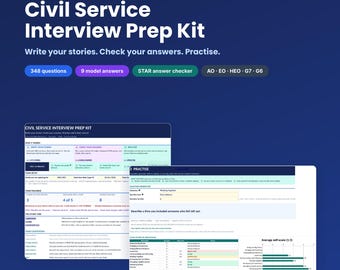 Puede incluir: Un libro de trabajo digital de Excel para la preparación de entrevistas de servicio civil con 348 preguntas, 9 respuestas modelo y un verificador de respuestas STAR. La interfaz muestra pestañas para escribir, verificar y practicar con gráficos.