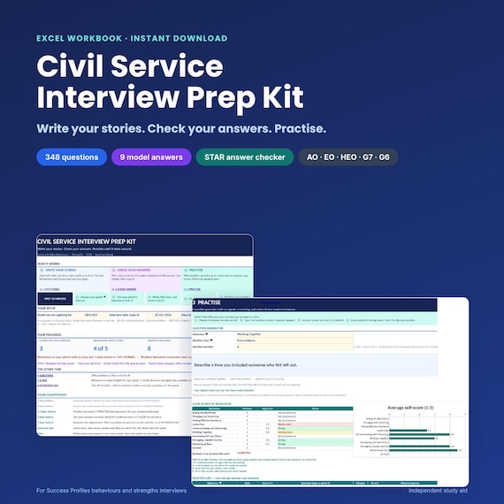 Interview Prep Workbook for Civil Service Interviews | Excel | Star Answer Checker, 348 Questions, Model Answers | AO EO HEO