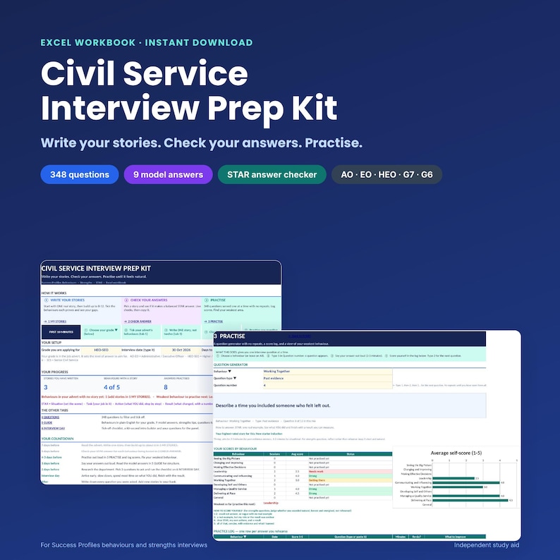 May include: A digital Civil Service Interview Prep Kit Excel workbook featuring 348 questions, 9 model answers, and a STAR answer checker. The interface displays tabs for writing stories, checking answers, and practicing, with progress tracking and charts.