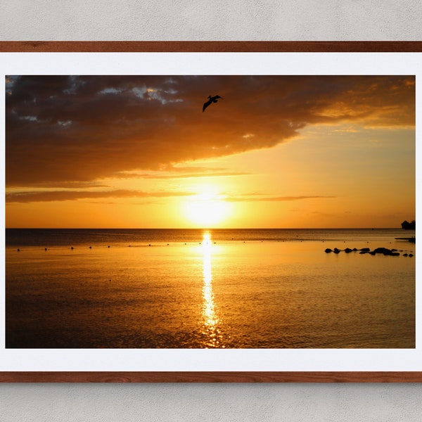 Photo Print | Jamaica Golden Sunset | Fine Art Photography - Pelican Yellow Orange Sun Caribbean Island Negril 7 Mile Beach Ocean Vivid Calm