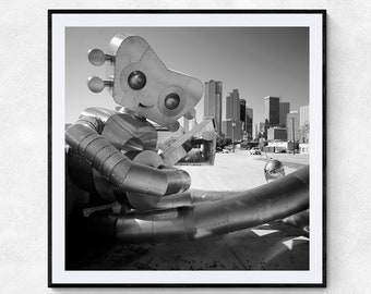 Photo Print | Deep Ellum Dallas Texas | Fine Art Photography - Metal Figure Sculpture Street Scene Downtown City Skyline Guitar Player BW