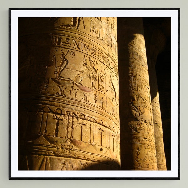 Photo Print | Egyptian Temple Edfu Columns Hieroglyphs Symbols Light Shadow - Square  Print Photography | Fine Art Photography