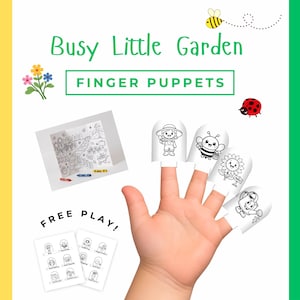Könnte beinhalten: Busy Little Garden Fingerpuppen-Set mit schwarz-weißen Malvorlagen. Enthält eine Gartenszene, Fingerpuppen als Gärtner, Biene, Sonnenblume und Gießkanne sowie ein Blatt mit der Aufschrift FREE PLAY mit weiteren Charakter-Umrissen zum Ausmalen.