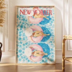May include: A framed print of The New Yorker magazine cover dated August 16, 1964, featuring three figures in white hats floating on pink inner tubes in a blue swimming pool with light blue water ripples and the red text The New Yorker.