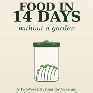 May include: A light-colored informational poster with dark green text reading NO SOIL NO SUN NO SEASON FOOD IN 14 DAYS without a garden. Below is a graphic of a clear glass jar containing green sprouts, followed by text about growing fresh greens.