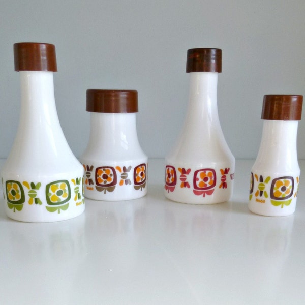 Mid Century Mobil Condiment Set - Oil, Vinegar, Mustard, Pepper - Floral - Milk Glass, Arcopal, France - Mad Men, 1970's Kitchen, Summer