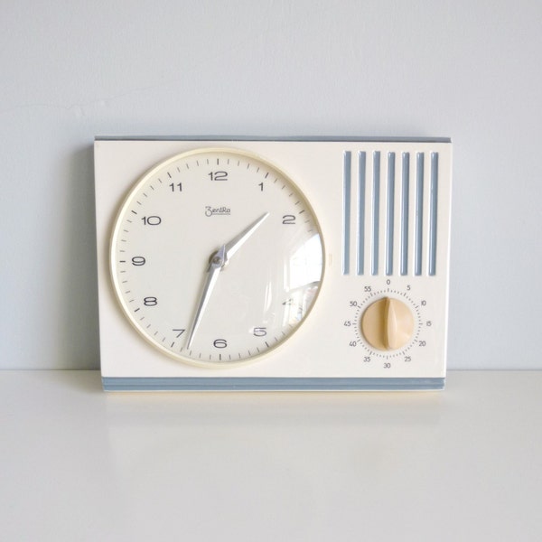 Mid Century 1960s Kitchen Wall Clock & Timer - Off-white / Blue - ZentRa, Germany - Mad Men, Home, Kitchen, Cooking, Chef, Eames Panton Era