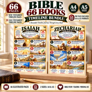 May include: A Bible 66 Books Timeline Bundle featuring 66 pages of illustrated content. The display shows two informational sheets for Isaiah and Zechariah, detailing key themes, numbered events, and scripture references in A4 and A5 sizes.