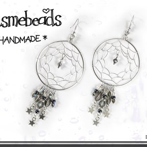 LARGE-Dreamcatcher earrings! Grey hematite glass beaded handwired earrings with dreamy stars. Approx 4" length. Nickel-free, non tarnish.