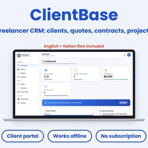Puede incluir: Una interfaz digital para ClientBase, un software CRM para freelancers. La pantalla muestra un panel con secciones para clientes activos, proyectos en curso, valor de la cartera y presupuestos pendientes de aprobación.