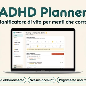 Può includere: Uno schermo di computer portatile che mostra un'interfaccia di ADHD Planner con dashboard, tracker di umore ed energia e attività quotidiane. Il testo recita ADHD Planner, Il pianificatore di vita per menti che corrono, Senza abbonamento, Nessun account, Pagamento una tantum.