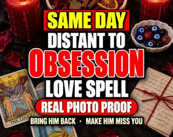 May include: Two red candles, a bowl of dried rose petals and orange slices, a small dish of blue evil eye beads, and two tarot cards labelled The Lovers and Two of Cups. Text reads: SAME DAY DISTANT TO OBSESSION LOVE SPELL REAL PHOTO PROOF.
