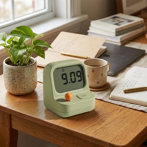 May include: A sage green digital alarm clock with a rounded, retro-inspired shape. The clock features a clear digital display showing the time 9.09, a small orange circular knob on the front, and a rectangular button next to it.