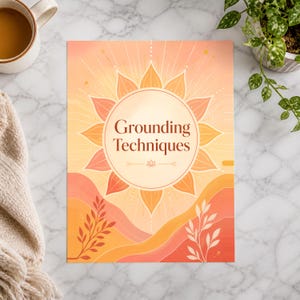 May include: A rectangular print featuring the text Grounding Techniques in dark brown font centered within a large sun illustration. The background displays warm orange and peach wavy landscape layers with white leaf illustrations at the bottom.