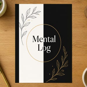 May include: A rectangular notebook cover featuring a split black and white design. A thin gold circle centres the text Mental Log. Black line-art leaves decorate the white section, while gold line-art leaves adorn the black section.
