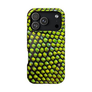 May include: A smartphone case featuring a high-resolution, textured pattern of bright green and yellow spiky scales. The design covers the entire back of the case, which includes a black rectangular camera module with three circular lenses.