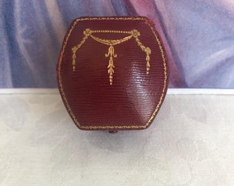 Vintage Cherry Red Leatherette Ring Box-Tooled Gold Design, Germany