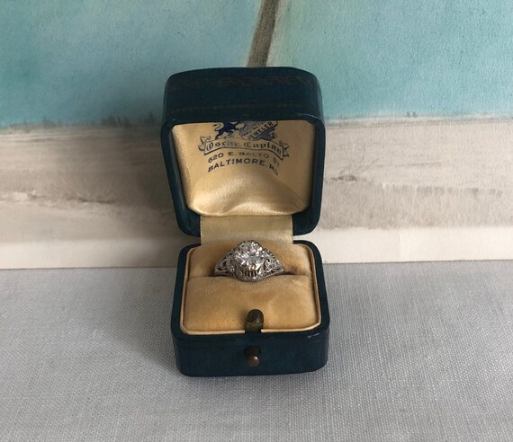 Vintage 1930s Teal Leatherette Ring Box, Oscar Caplan Baltimore (Germany) View 2