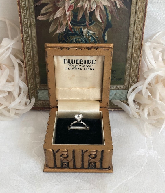 Vintage Velvet and Gilded Wood Ring Display Box~BL