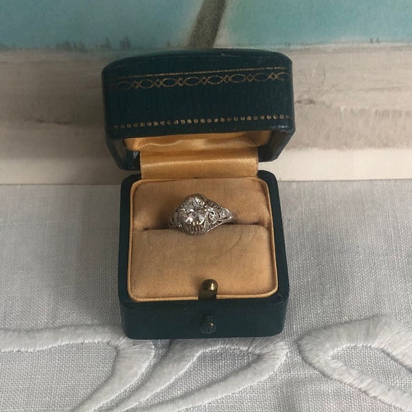 Vintage 1930's Push Button Ring Box~Art Deco Ocean Teal Engagement Ring Box with Gold Embossing~Tropical Beach Wedding~Paterson, NJ