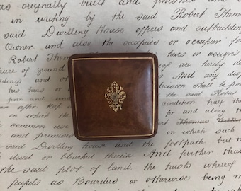 Vintage Tooled Leather Trinket Box~Tobacco Brown Fleur De Lis