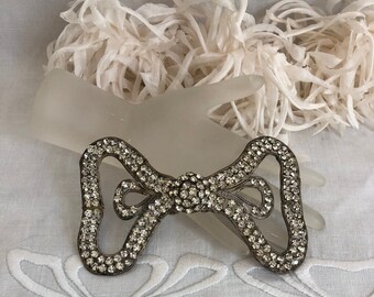 Antique Prong Set Rhinestone Paste Applique with Metallic Braid~Big Beautiful Rhinestone Bow~Sew On Embellishment~Wedding Dress or Sash Belt