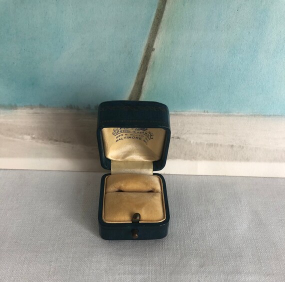 Vintage 1930s Teal Leatherette Ring Box, Oscar Caplan Baltimore (Germany) View 4