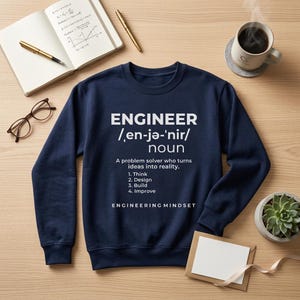 May include: A navy blue crewneck sweatshirt featuring white text that reads ENGINEER /en-jə-'nir/ noun. A problem solver who turns ideas into reality. 1. Think 2. Design 3. Build 4. Improve. ENGINEERING MINDSET is printed at the bottom.