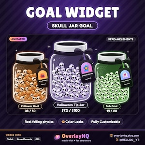 Halloween Overlay Skull Jar Goal Widget for Twitch, Tip Jar with Falling Skulls, StreamElements OBS Sub Follower Bits Goal