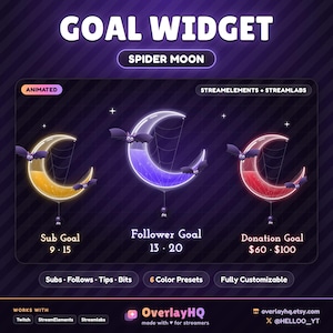 Halloween Stream Goal Widget, Spider Moon Animated Twitch Overlay for StreamElements & Streamlabs, Sub Follower Tip Bits Goal for OBS