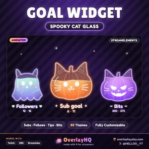 以下が含まれることがあります： Spooky Cat Glassというタイトルのストリーマー向けアニメーション目標ウィジェット。青いゴースト猫のFollowers、オレンジ色のカボチャ猫のSub goal、紫色のジャック・オー・ランタン猫のBitsという3つの光るアイコンが暗い背景に配置されています。