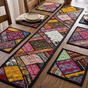 Ethnic Ralli Table Linens, Handmade Patchwork Table Runner Set of 7