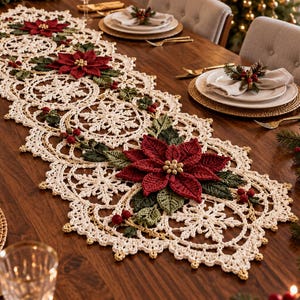 Christmas Table Runner Crochet Pattern PDF, Poinsettia Snowflake Lace Holiday Decor