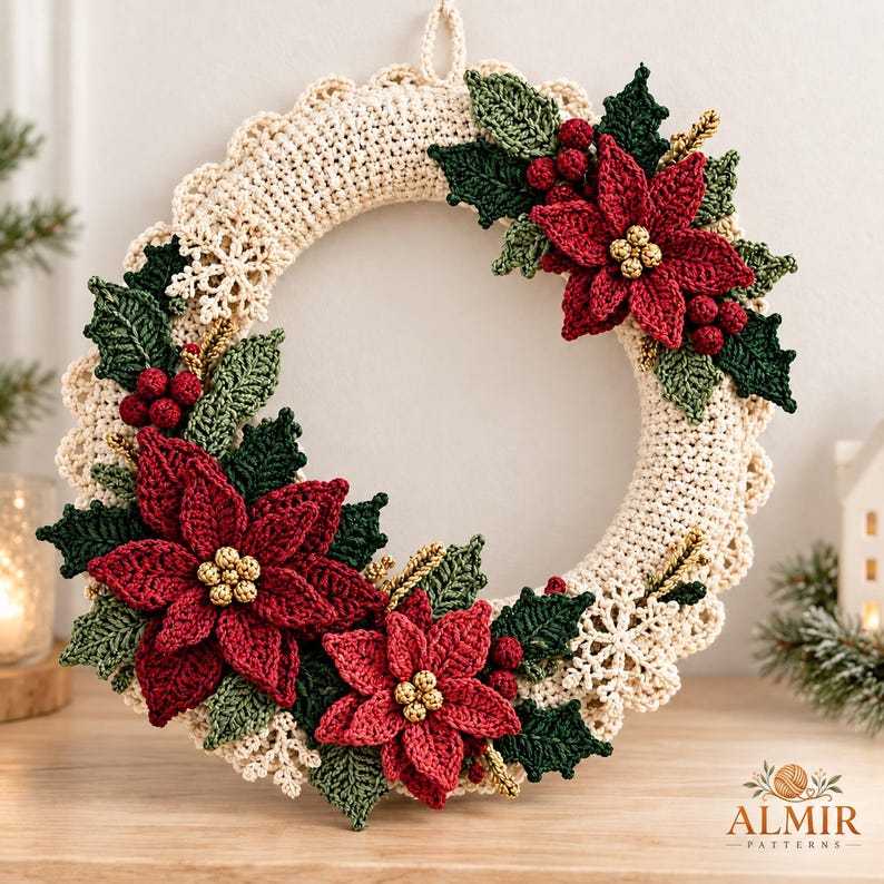 Crochet Christmas Wreath Pattern PDF, Poinsettia Holly Door Decor ...