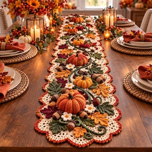 May include: A long, cream-colored crochet table runner featuring an intricate scalloped edge and a central design of three-dimensional, crocheted orange pumpkins, brown acorns, green leaves, and small white flowers arranged along a winding vine.