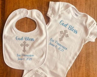 Baptism Bodysuit and Bib Set, Christening Bodysuit and Bib Set,  Baptism Bib, Baptism Shirt, Baby Baptism and Christening Outfit