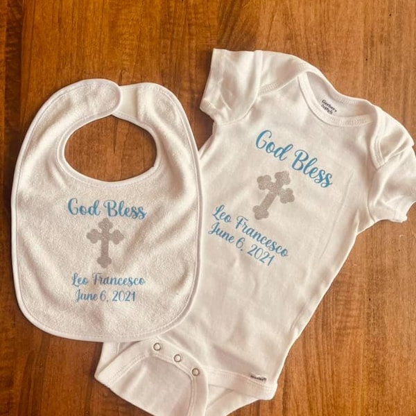 Baptism Bodysuit and Bib Set, Christening Bodysuit and Bib Set,  Baptism Bib, Baptism Shirt, Baby Baptism and Christening Outfit