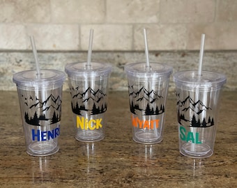 Personalized Camping Tumblers, Cabin Plastic Tumbler w/ straw and lid, Mountain House Tumbler, RV Camping Tumblers, Family Trip Tumbler