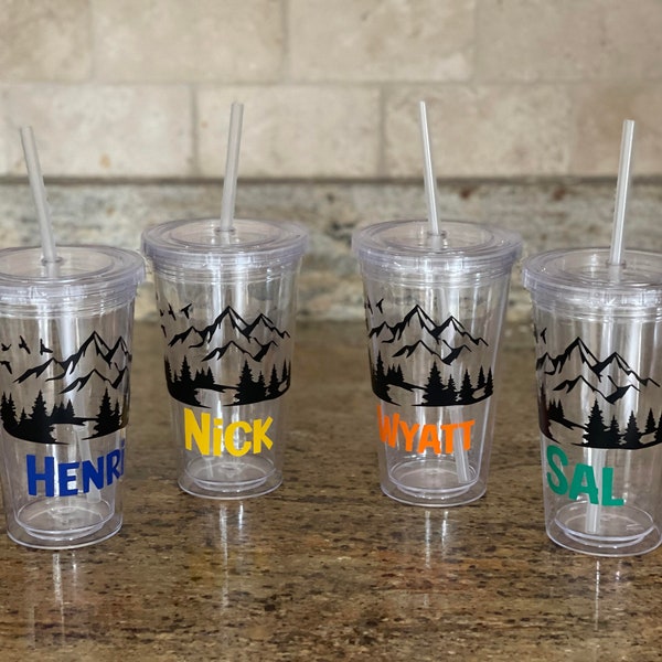 Personalized Camping Tumblers, Cabin Plastic Tumbler w/ straw and lid, Mountain House Tumbler, RV Camping Tumblers, Family Trip Tumbler