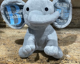 Elefante personalizado con estadísticas de nacimiento, nombre de animal relleno de elefante, regalo para recién nacidos, recuerdo del bebé con estadísticas de nacimiento, regalo de baby shower