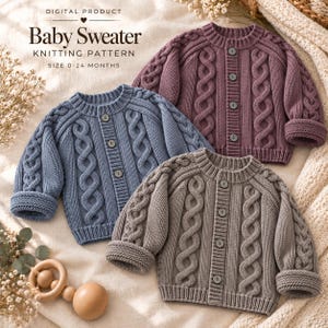 May include: A digital product knitting pattern for a baby sweater in sizes 0-24 months. The image displays three long-sleeved, button-up cardigans in purple, blue, and gray, each featuring a prominent vertical cable knit texture and ribbed trim.