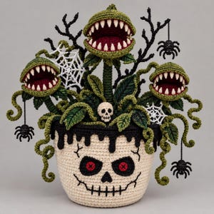 May include: A crocheted plant arrangement featuring three green, toothy, carnivorous-style heads emerging from a cream-coloured pot decorated with a black skull face, black drips, hanging black spiders, and white spiderwebs.