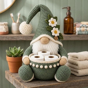 May include: A crocheted gnome figurine in sage green with a tall, pointed hat topped with a white pom-pom. The gnome features a beige nose, a white beard, and two white flowers with yellow centers. It holds a round basket containing three rolls of toilet paper.
