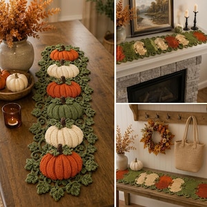 May include: A long, rectangular crochet table runner featuring a repeating pattern of three-dimensional pumpkins in shades of orange, cream, and olive green, surrounded by a dense border of crocheted green leaves and intricate vine-like scrollwork.