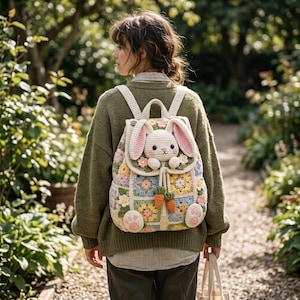 Crochet Bunny Backpack Pattern PDF, Granny Square Bag, Rabbit Applique, Floral Drawstring Backpack