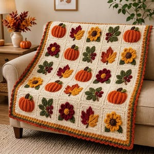 Pumpkin Granny Square Blanket Pattern, Autumn Crochet Blanket, Fall Patchwork Throw, Pumpkin Leaf Flower Afghan, PDF Crochet Pattern