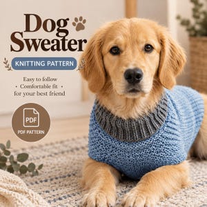 May include: A digital PDF knitting pattern for a dog sweater featuring text that reads Dog Sweater KNITTING PATTERN, Easy to follow, Comfortable fit for your best friend, and PDF PATTERN. A golden dog wears a blue sweater with a gray collar.