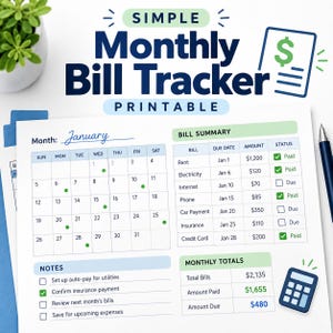 Puede incluir: Un documento imprimible Simple Monthly Bill Tracker que incluye un calendario para enero, una tabla de resumen de facturas con fechas de vencimiento y estado de pago, una sección de totales mensuales y una lista de notas con casillas.