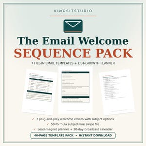 Puede incluir: El conjunto de plantillas digitales The Email Welcome SEQUENCE PACK de KINGSITSTUDIO incluye 7 plantillas de correo electrónico para rellenar y un planificador de crecimiento de listas. El documento muestra un icono de sobre verde oscuro, texto y viñetas que detallan 7 correos electrónicos listos para usar, un archivo de 50 fórmulas de líneas de asunto, un planificador de lead-magnet y un calendario de difusión de 30 días en un paquete de 46 páginas.